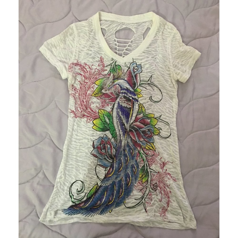 White Keyhole Back Shirt w/ Peacock Design & Gems